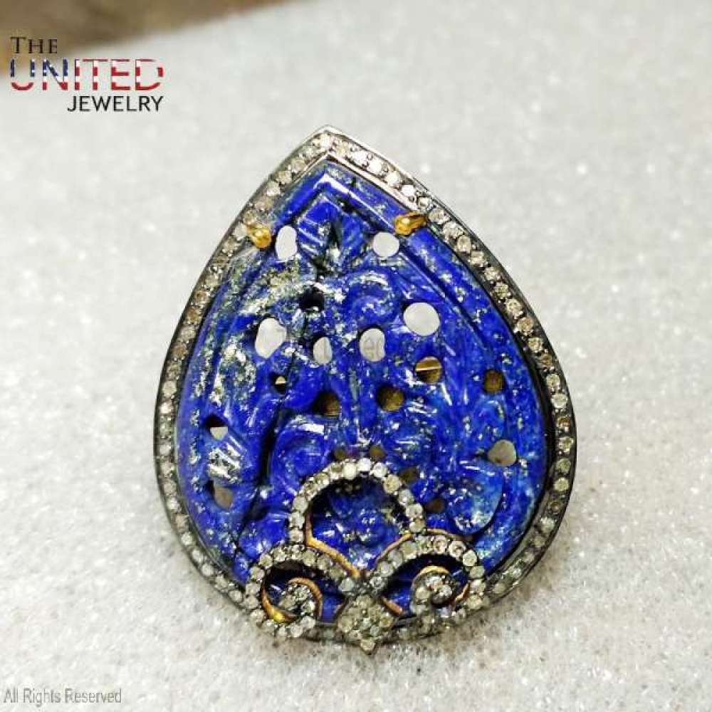 925 Sterling Silver Pear Shape Designer Lapis Lazuli With Pave Diamond Handmade Ring Jewelry For Women’s