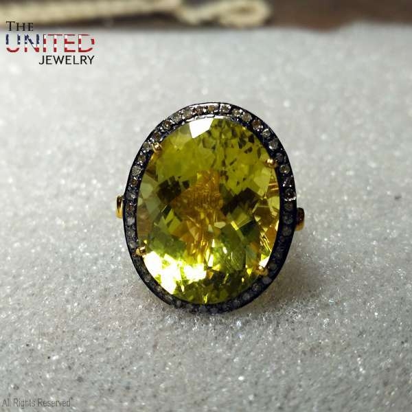 925 Sterling Silver Lemon Quartz With Pave Diamond Handmade Ring Jewelry For Women’s