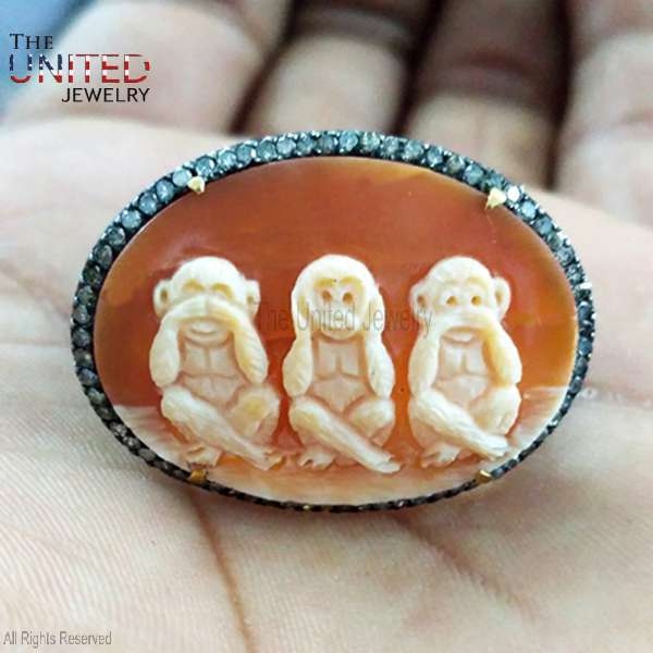 925 Sterling Silver Pave Diamond With Coral Gemstone Three Wise Monkeys Ring Jewelry For Women’s