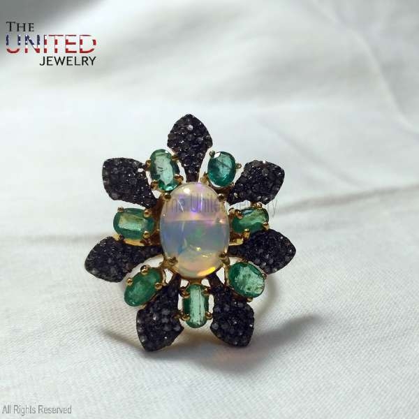 925 Sterling Silver Handmade Opal With Tsavorite And Diamond Ring Jewelry For Women’s