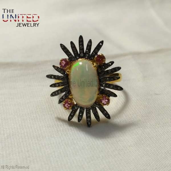925 Sterling Silver Handmade Opal With Pink Sapphire And Diamond Ring Jewelry For Women’s