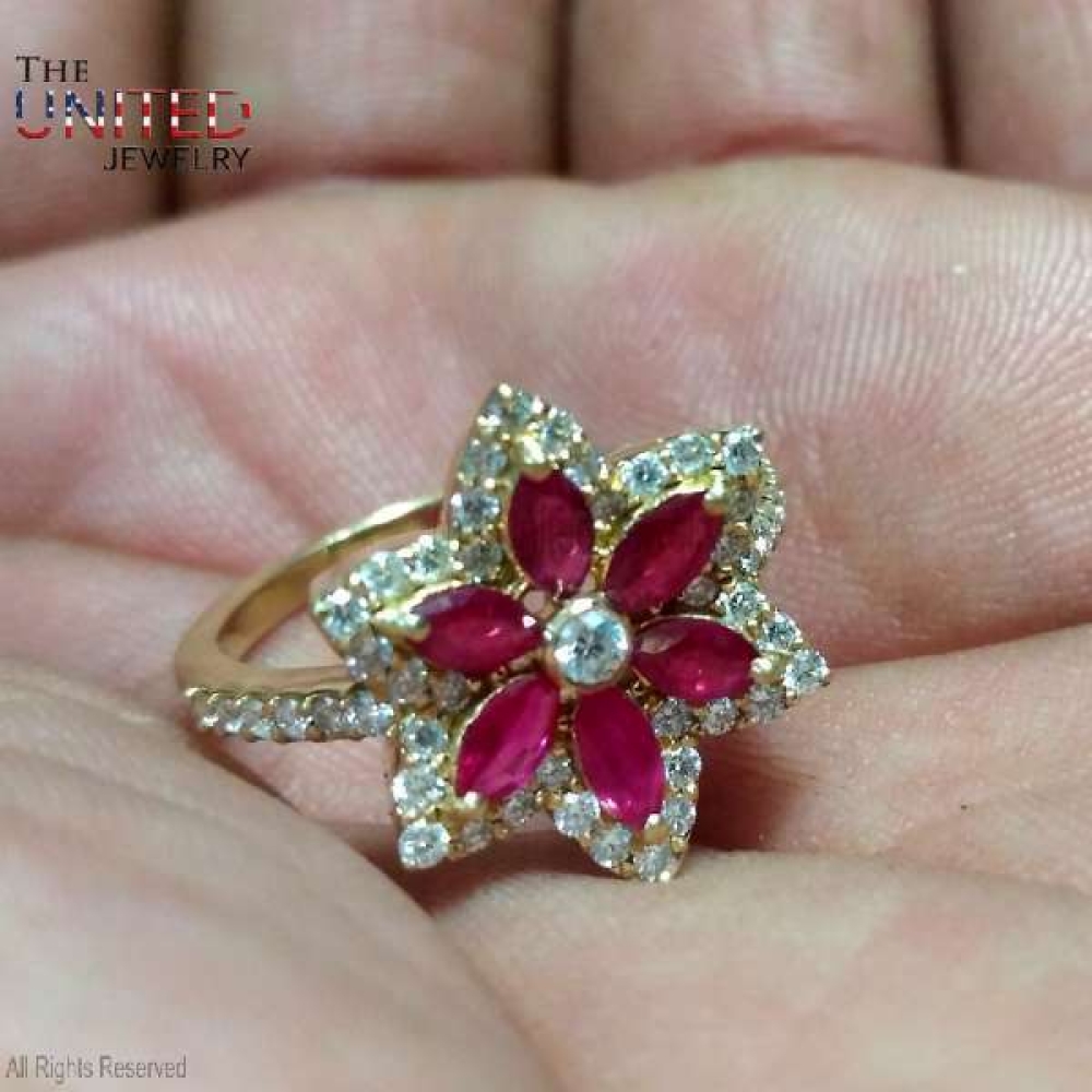 925 Sterling Silver Handmade Pave Diamond With Pink Sapphire Flower Design Ring Jewelry For Women’s