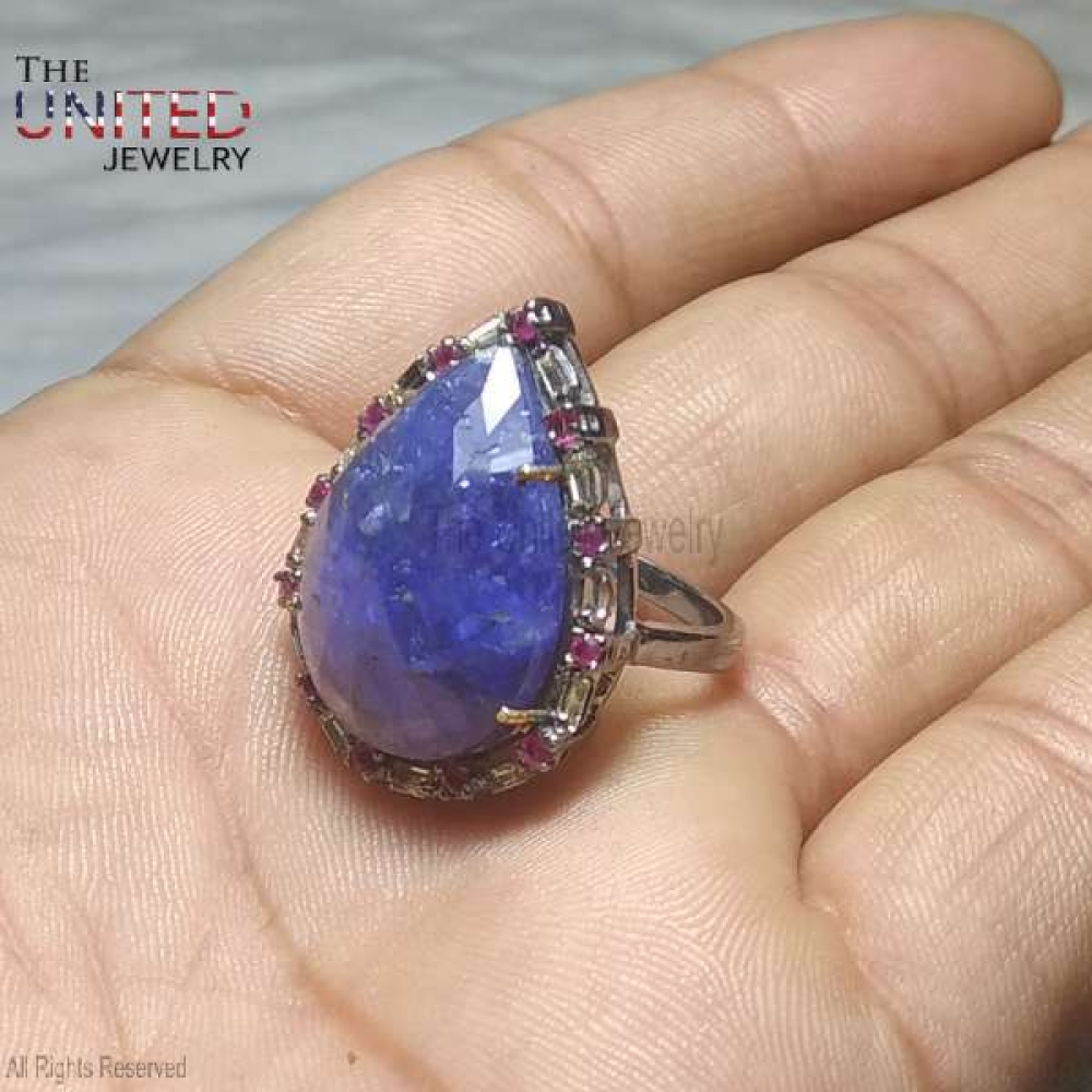 925 Sterling Silver Handmade Ruby With White Baguette And Pear Shape Blue Sapphire Ring Jewelry For Women’s