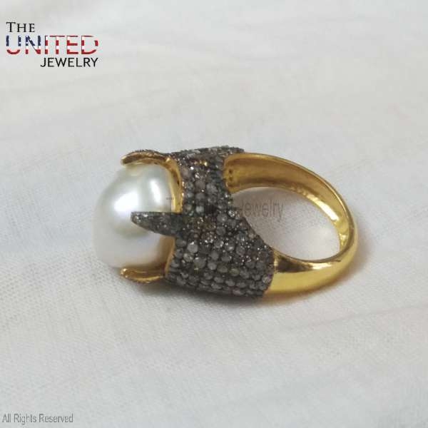 925 Sterling Silver Handmade Pave Diamond With Pearl Ring Jewelry For Women’s