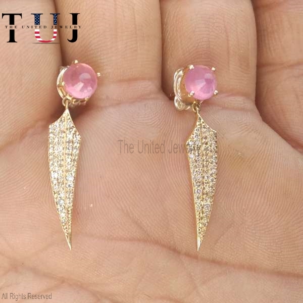 Handmade 925 Sterling Silver Pave Diamond With Pink Sapphire Spike Dangles Earrings For Women’s