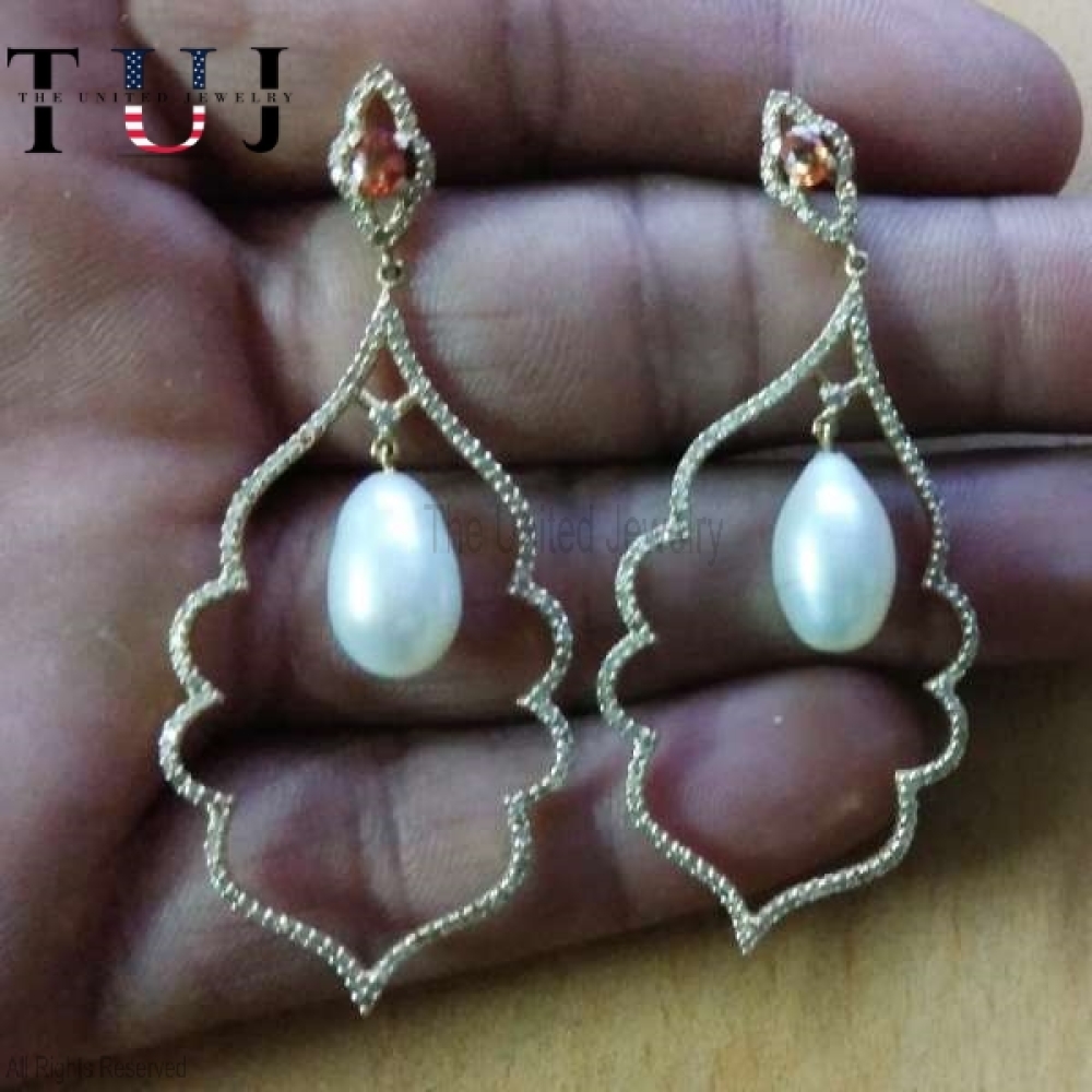 Handmade 925 Sterling Silver Pave Diamond With Pearl Dangles Earrings For Women’s