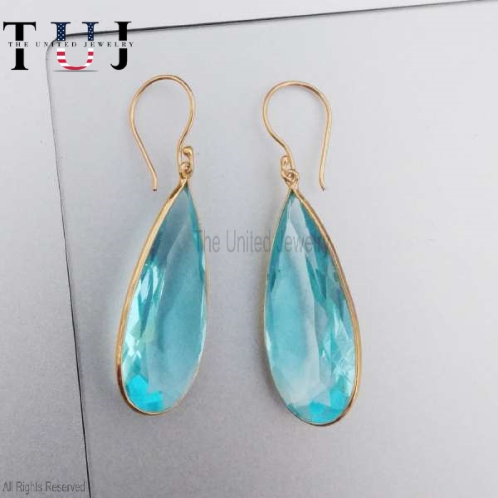 925 Sterling Silver Blue Topaz Handmade Designer Dangles Earrings For Women