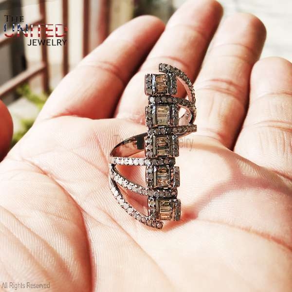 925 Sterling Silver Pave Diamond With Baguette Layer Designer Ring Jewelry For Women’s