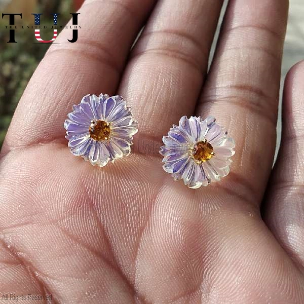 Crystal Carved Flower Sterling Silver Studs Earrings, Carved Gemstone Flower Women Studs, Carved Gemstone With Yellow Sapphire Stud Earrings