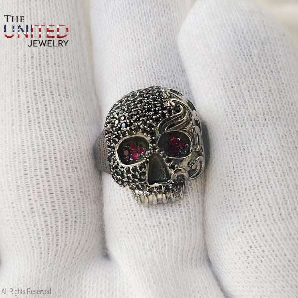 925 Sterling Silver Black Onyx With Ruby Handmade Skull Face Ring Jewelry For Women’s