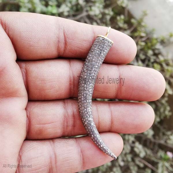 925 Sterling Silver Diamond Pave Long Horn Charm Pendant Handmade Fine Jewelry Wholesale