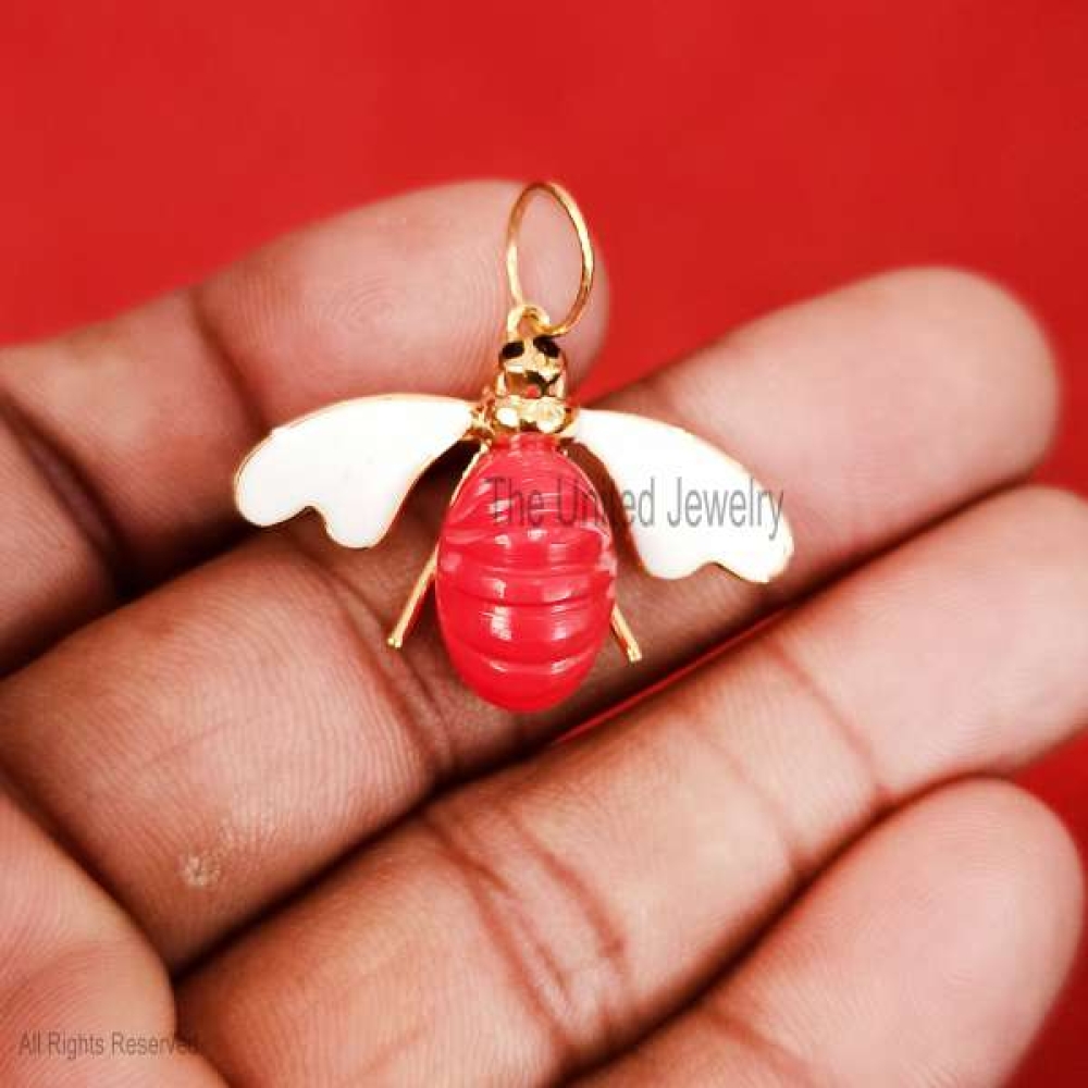 Handmade Sterling Silver Designer Enamel Coral Bee Charm Pendant, Silver Bee Charm, Silver Enamel Bee Pendant