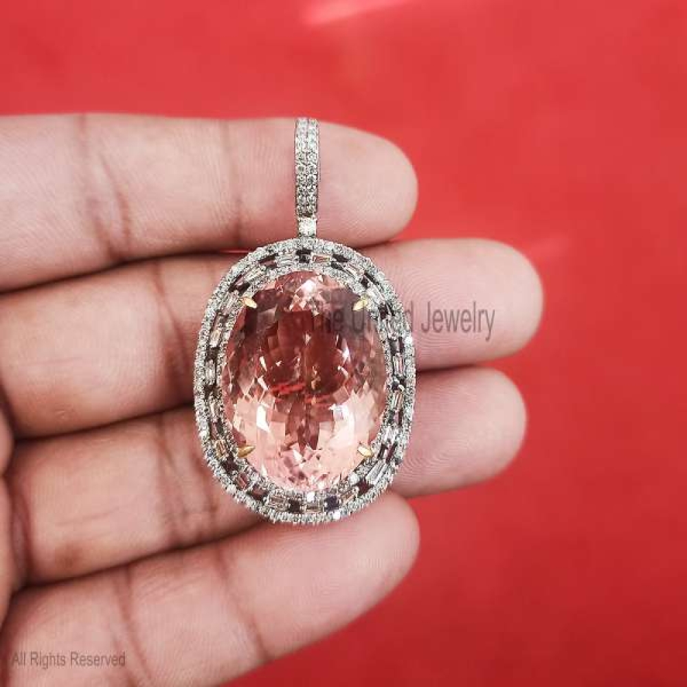 Silver Pave Diamond Morganite Charm Pendant Jewelry, Handmade Silver Diamond Morganite Pendant Jewelry