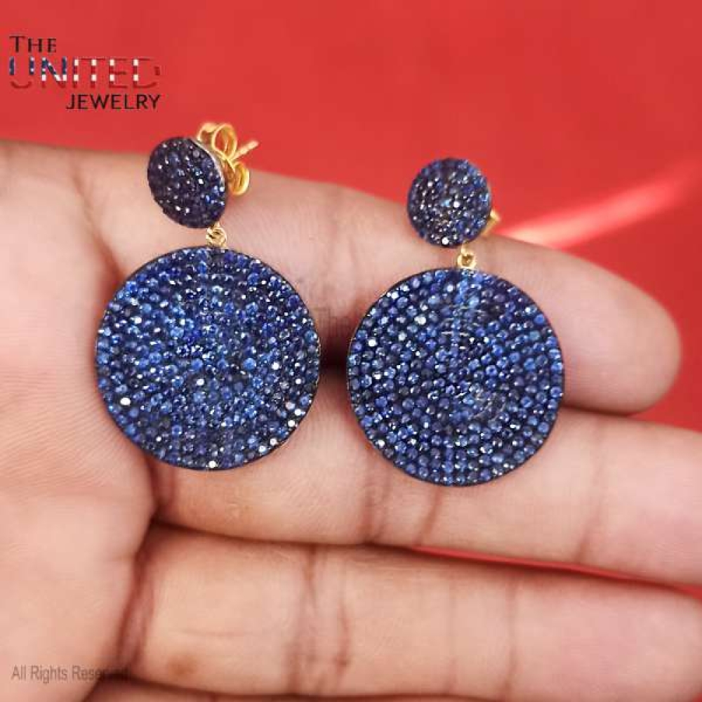 Natural Blue Sapphire Solid Sterling Silver Round Disc Coin Dangle Earrings, Silver Disc Earrings, Sapphire Silver Earrings Jewelry
