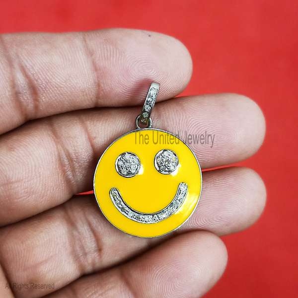 Enamel Handmade Sterling Silver Smiley Face Shape Pave Diamond Pendant Jewelry, Silver Emoji Enamel Pendant Jewelry