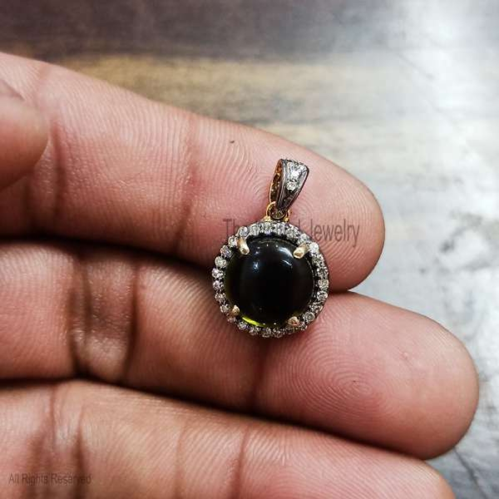Silver Pave Diamond Black Onyx Round Charm, Sterling Silver Diamond Black Onyx Charm Pendant Jewelry