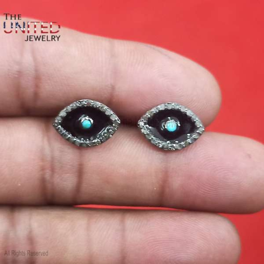 Handmade Enamel Turquoise Evil Eye Design Stud Earrings, Silver Turquoise Stud, Stud Earrings for Women, Silver Stud Earrings