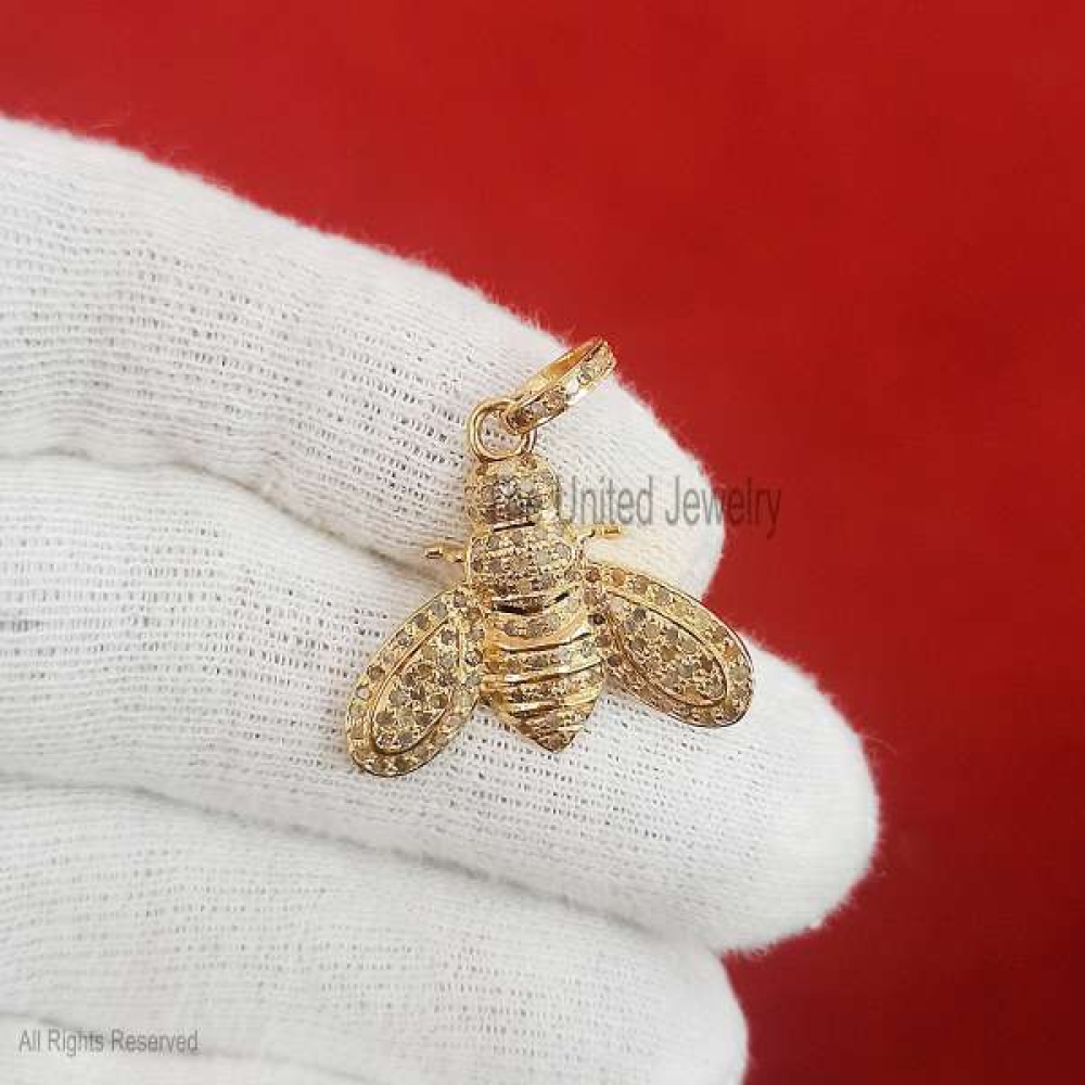 Yellow Gold Plating Diamond Bee Charms Pendant, Silver Pave Diamond Bee Charms Pendant Jewelry, Silver Bee Charms Jewelry