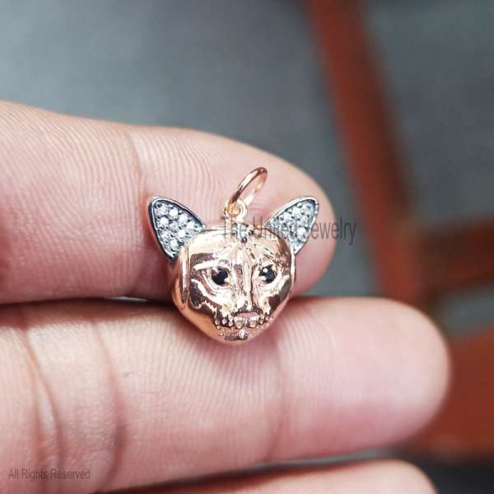 Sterling Silver Cat face Black Onyx Diamond Charm Pendant, Silver Diamond Cat face Charm Pendant, Cat Charms Necklace
