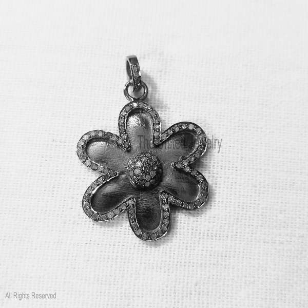 Black Enamel CZ Flower Pendant Jewelry, Silver Handmade Designer Flower Pendant Jewelry