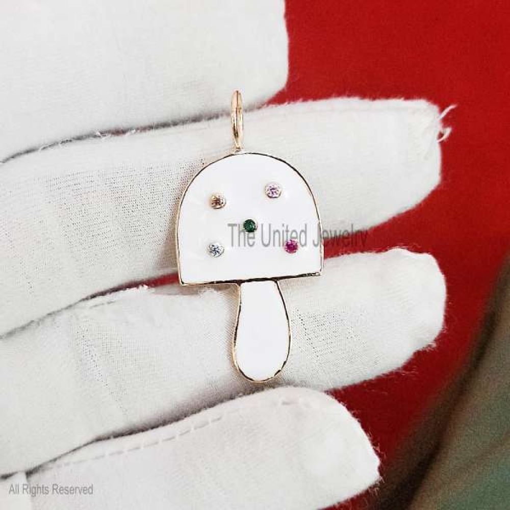 White Enamel Handmade Magic Mushroom Sterling Silver Pendant Necklace, Designer Mushroom Pendant Jewelry