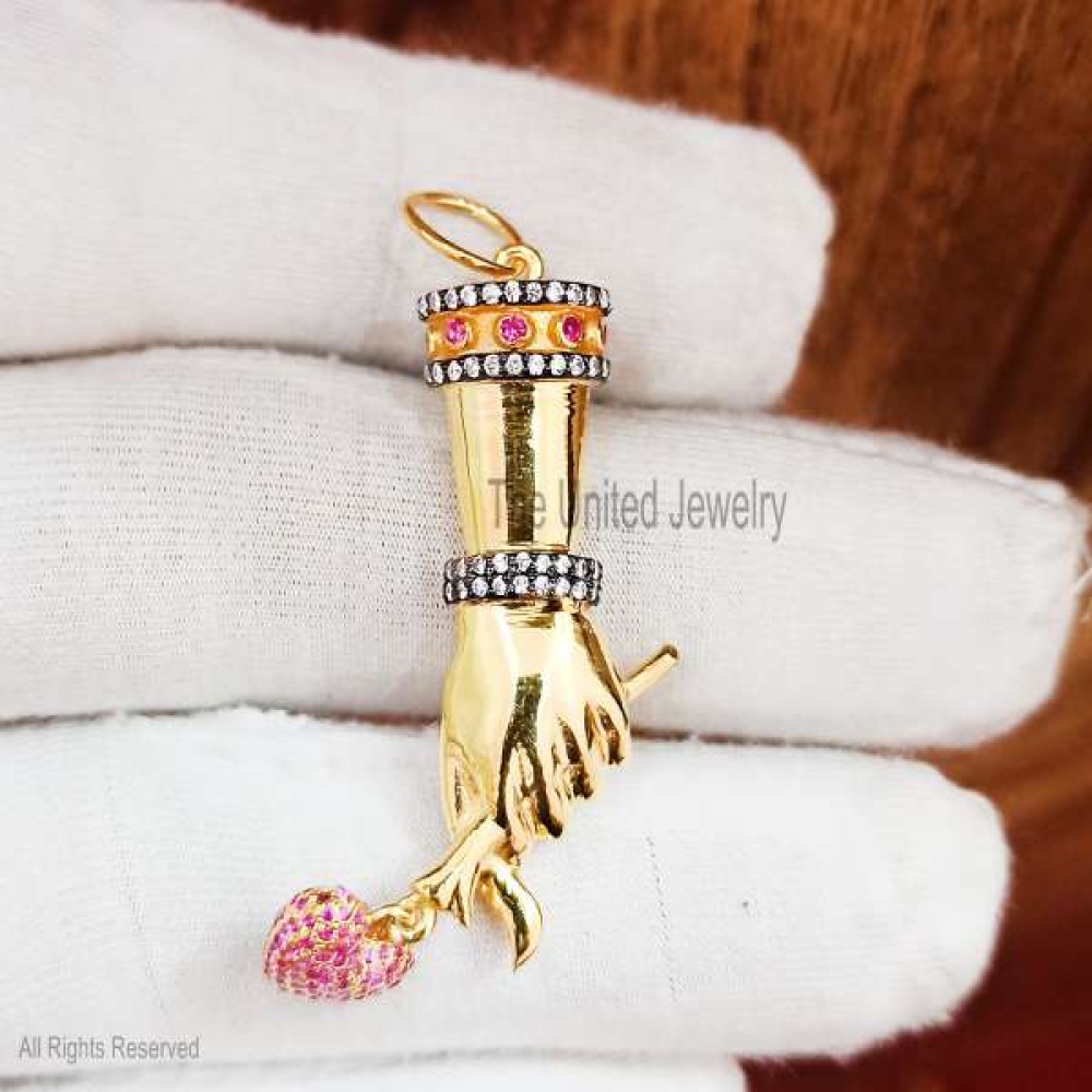 925 Silver Diamond and Gemstone Figa Charms, Diamond Figa Charms, Ruby Figa Hand, Ruby Gemstone Figa Heart Charms Pendant