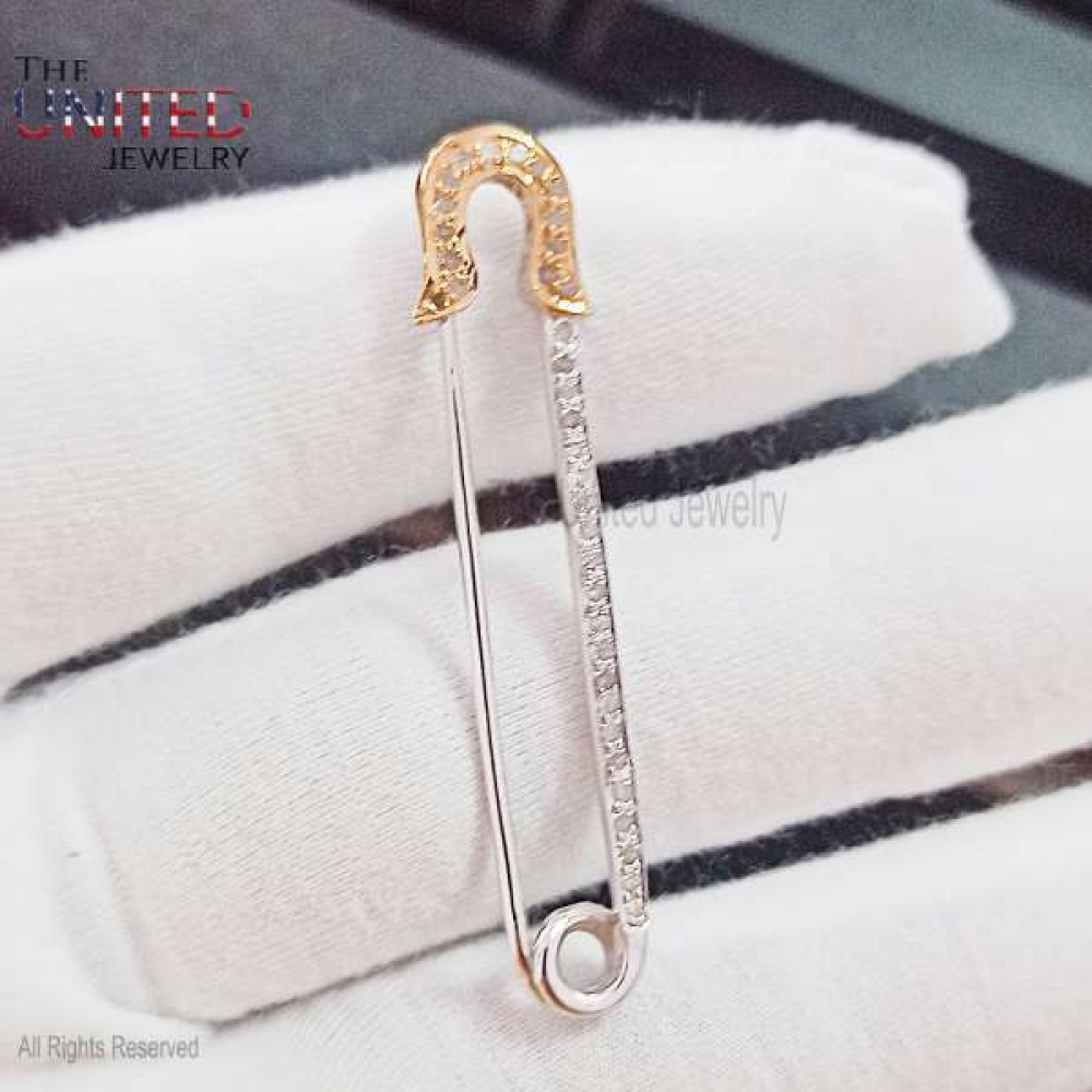 925 Sterling Silver Two Tone Natural Pave Diamond Safety Pin Jewelry, Silver Safety Pin, Silver Pins Jewelry, Handmade Diamond Safety Pin Gift For Her Jewelry
