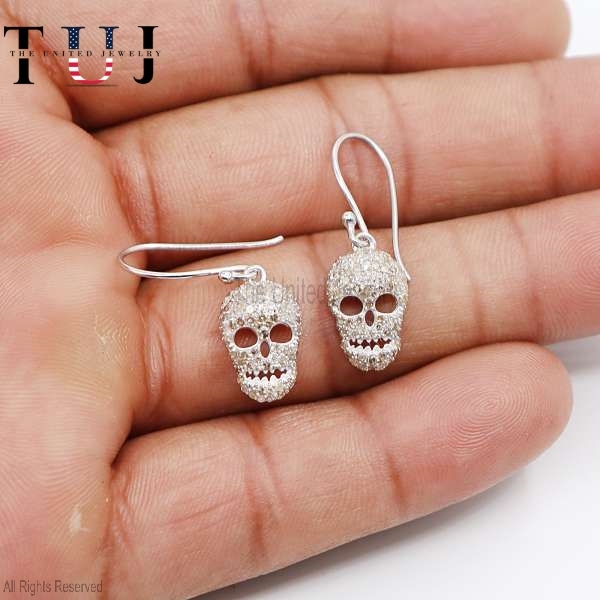 925 Sterling Silver Pave Diamond Handmade Skull Face Dangles Earrings For Women