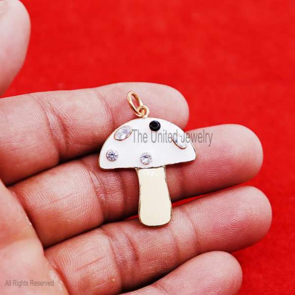 Enamel Handmade Magic Multi Gemstone Mushroom Sterling Silver Pendant Necklace, Enamel Mushroom Pendant