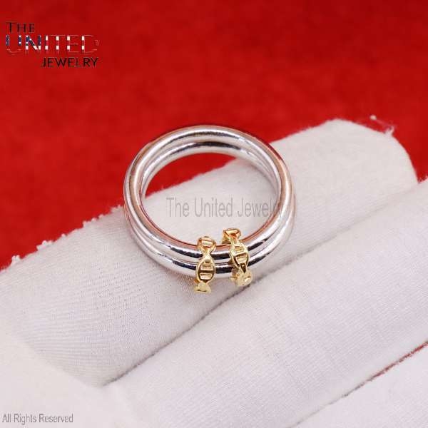 925 Sterling Silver Small Links Connected Two Band Connector Ring Jewelry For Women’s