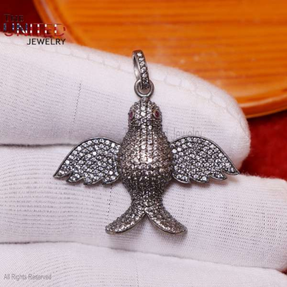 Pave Diamond Handmade Sterling Silver Bird Pendant, Diamond Bird Pendant Jewelry, Handmade Silver Pave Diamond Bird Charm For Women’s