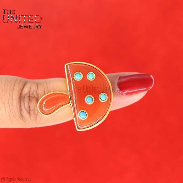 925 Sterling Silver Handmade Carnelian With Turquoise Gemstone Mushroom Ring Jewelry For Women’s