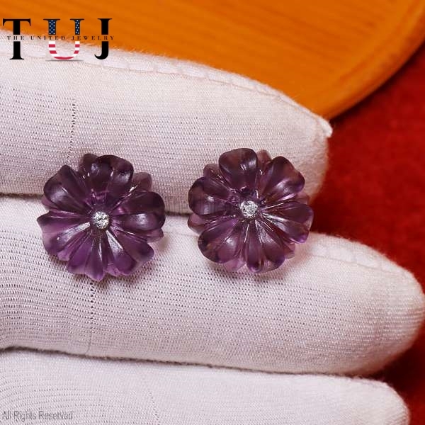 Amethyst Gemstone Carved Flower Sterling Silver Studs Earrings, Carved Gemstone Flower Women Studs, Carved Gemstone With Diamond Stud Earrings