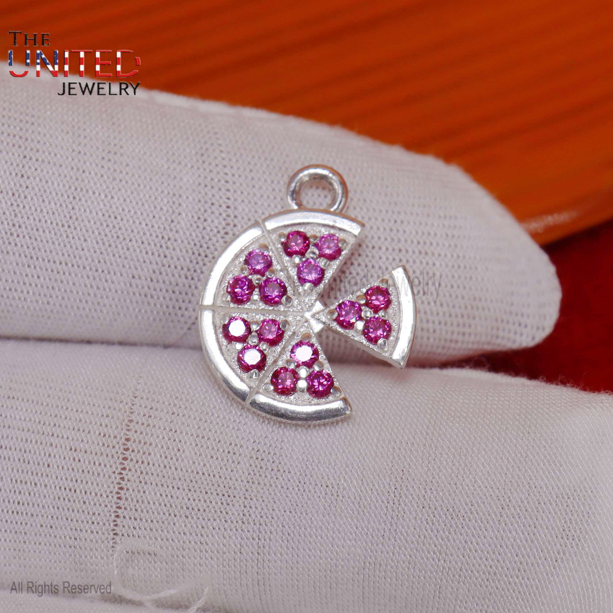 925 Sterling Silver Pave Ruby Pizza Charm, Handmade Ruby Silver Pizza Charm Pendant Jewelry, Designer Pizza Ruby Charm