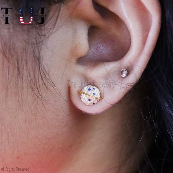 925 Sterling Silver Handmade Pave Diamond With Blue Sapphire Saturn Planet Studs Earrings For Women