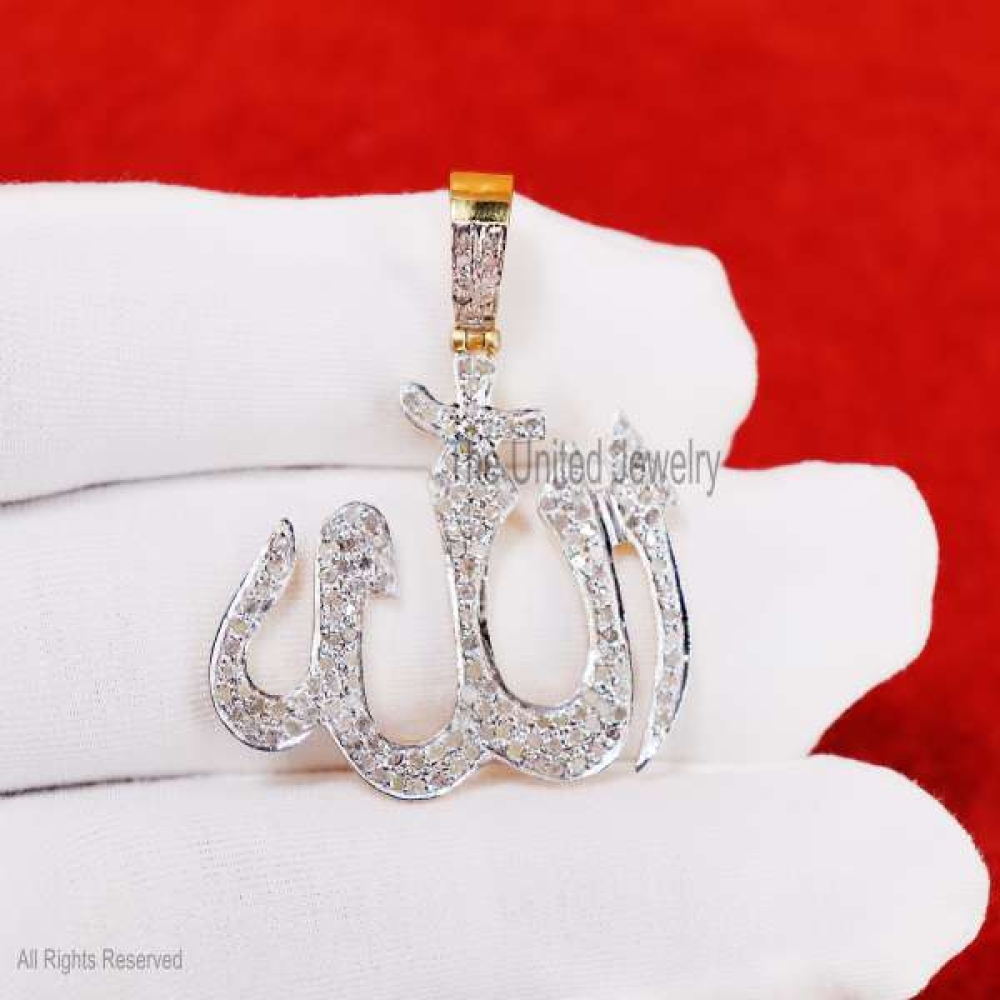 Natural Pave Diamond Handmade Sterling Silver Allah Pendant Jewelry, Islamic Sign Pendant, Bismillah Pendant