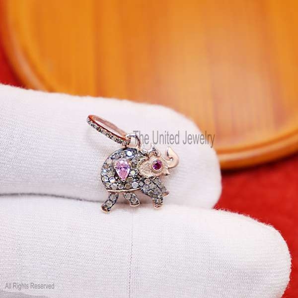 Sterling Silver Rose Gold Plating Pave Diamond with Ruby Elephant Pendant, Silver Elephant Charm, Diamond Elephant Charm