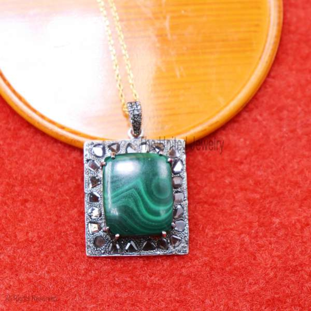 Handmade Malachite Pendant, Sterling Silver Malachite Slice Diamond Pendant Jewelry, Gemstone Slice Diamond Pendant, Silver Gemstone Pendant