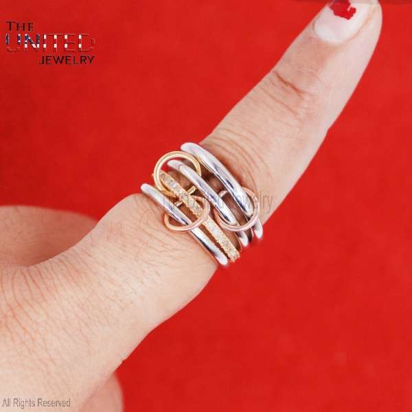 Natural Diamond Multi link Connected Rings, Diamond Multi Link Love Ring, Diamond Trinity Link Band, Four Link Ring, Connected Rings