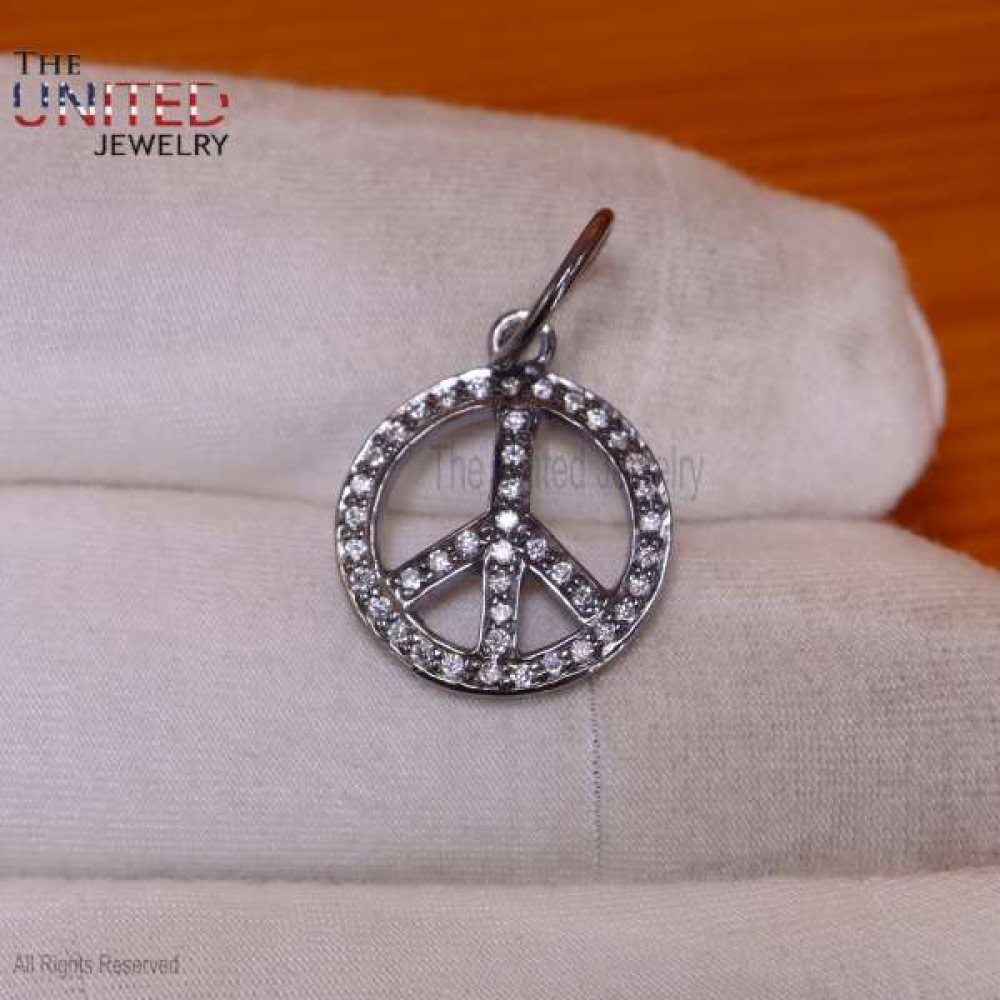 Black Rhodium Plating Peace Charm Pendant, 925 Sterling Silver Charm Pendant, Diamond Peace Charm Necklace, Silver Pendant, Diamond Pendant Jewelry