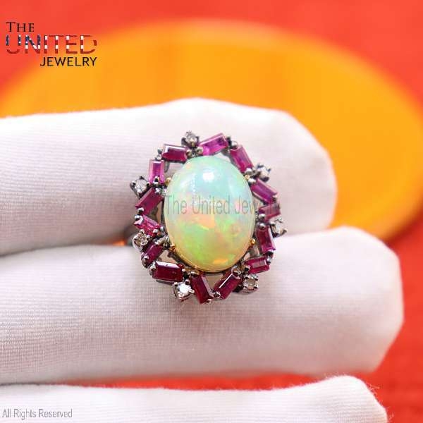 925 Sterling Silver Opal Ring Jewelry, Diamond Finger Ring, Silver Ring, Opal Ring, Women’s Ring, Opal Ruby Ring