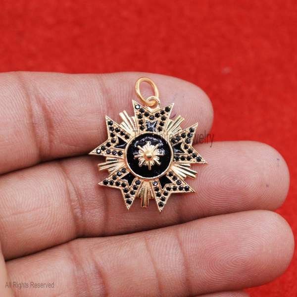 Enamel Pendant, Silver Black Onyx Sun Shape Pendant, Handmade Gold Plating Enamel Pendant Jewelry, Silver Enamel Black Onyx Sun Shape Pendant
