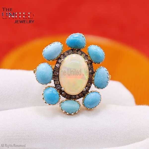 925 Sterling Silver Handmade Pave Diamond With Opal and Turquoise Ring Jewelry For Women’s