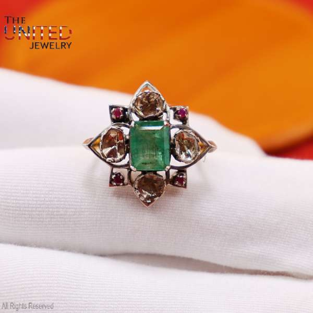 925 Sterling Silver Ring Jewelry, Polki Finger Ring, Silver Ruby Ring, Polki Ring, Women’s Polki Ring, Emerald Ring