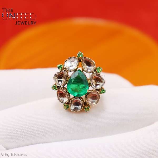 925 Sterling Silver Ring Jewelry, Polki Finger Ring, Silver Ring, Polki Ring, Women’s Polki Ring, Emerald Ring
