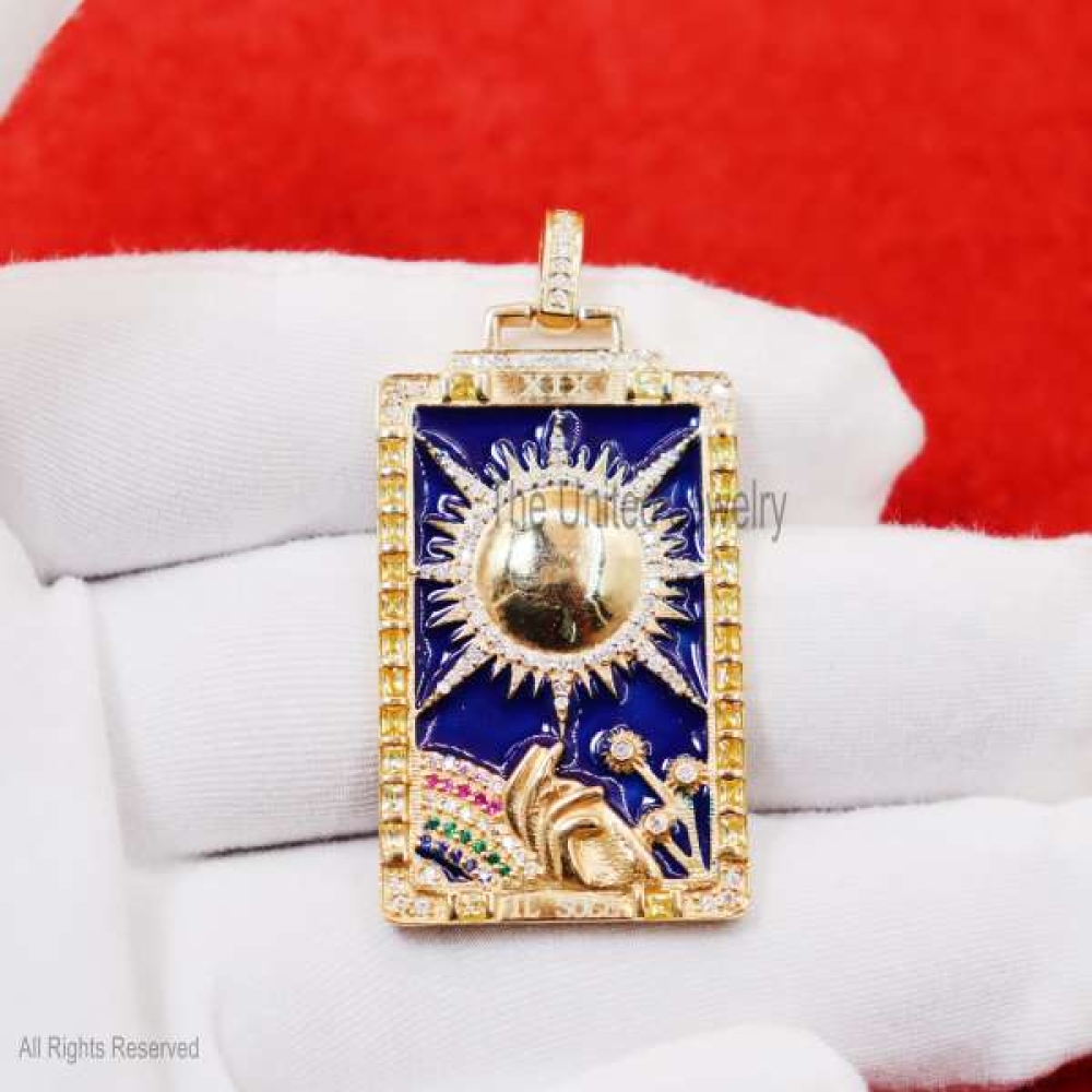 Enamel Rectangular Rainbow Sun Tarot Cards Pendant, 925 Sterling Silver Handmade Tarot Card Pendant, Necklace and Bracelet Jewelry