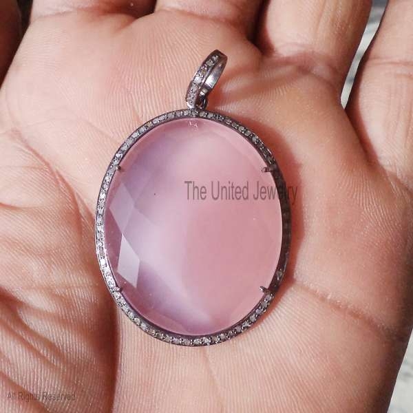 Rose Quartz Sterling Silver Round Diamond Charm Pendant, Silver Rose Quartz Charm Pendant, Handmade Sterling Silver Rose Quartz Diamond Round Charm Pendant Jewelry