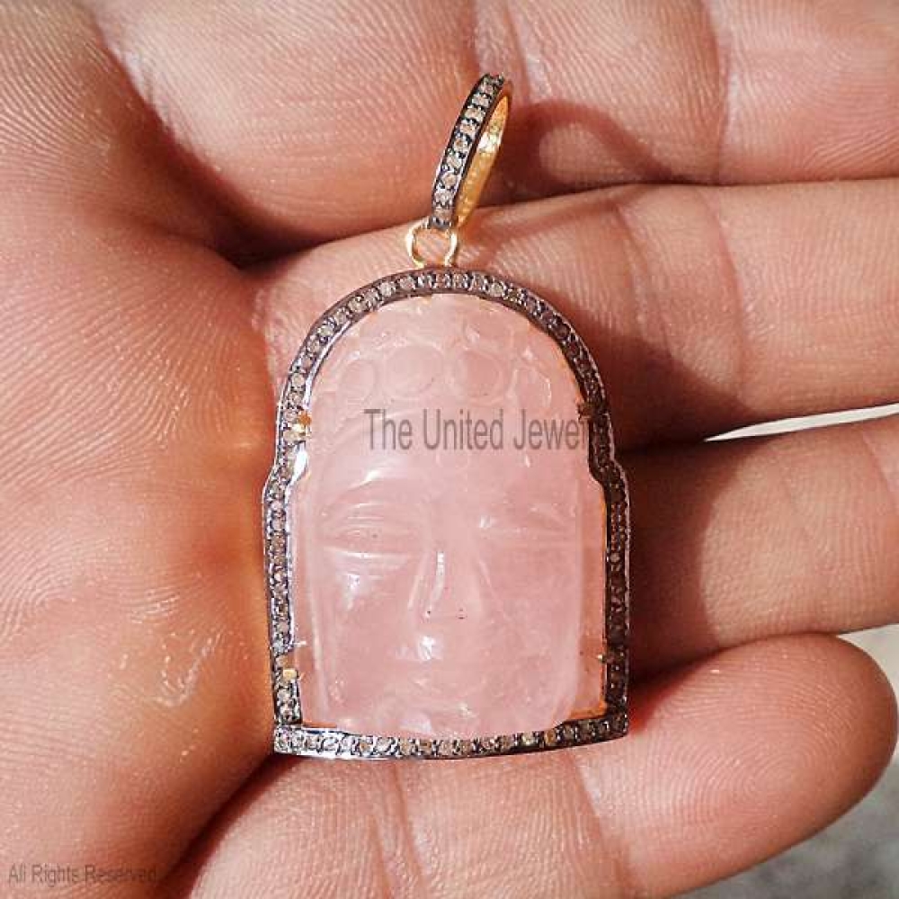 925 Sterling Silver Rose Quartz Buddha Face Charm, Handmade Sterling Silver Rose Quartz Buddha Face Diamond Charm Pendant Jewelry