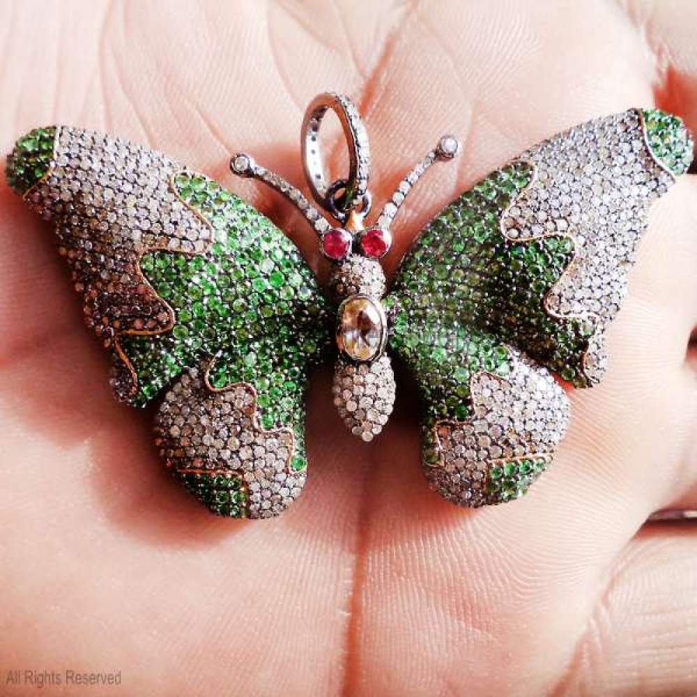 Silver Diamond Butterfly Pendant, Silver tsavorite Butterfly Pendant, Silver Butterfly Pendant, Handmade Silver Gemstone Butterfly Pendant Jewelry
