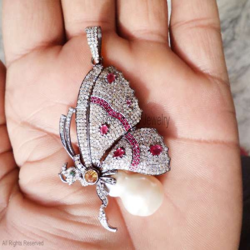 Silver Diamond Butterfly Pendant, Silver Ruby Butterfly Pendant, Silver Butterfly Pendant, Handmade Silver Gemstone Butterfly Pendant